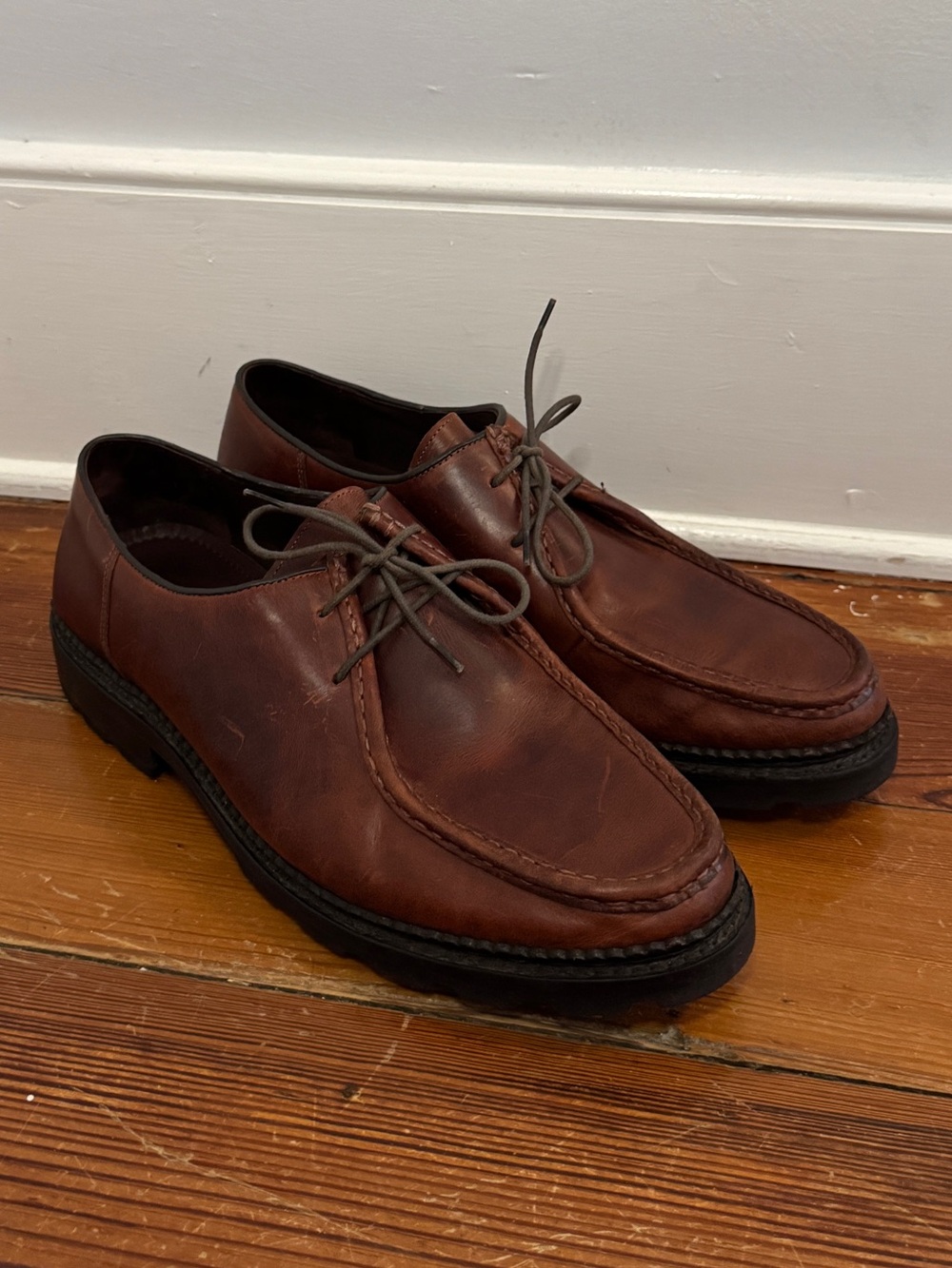 Anthony Veer Essentials Distressed Brown Leather Derby Shoes Lug Sole Apron 13